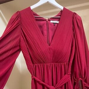 Halston Heritage Red A-Line V-Neck Dress with Bishop Sleeves